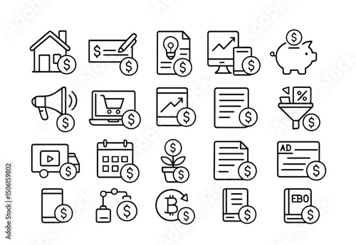 Line style icons of passive income: rental house, dividend check, royalties icon, savings interest, affiliate money, ecommerce passive, stock income, profit funnel, online course, license icon,