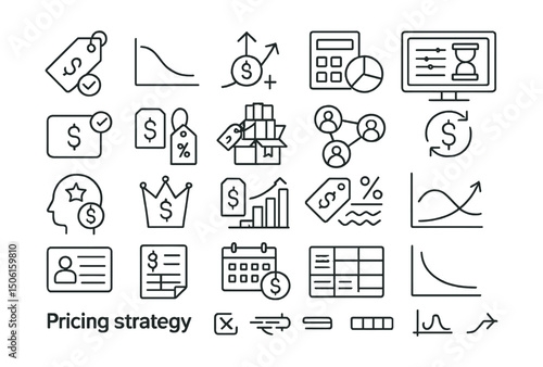 Line style icons of pricing strategy: price tag, discount curve, markup icon, cost breakdown, price testing, competitive pricing, bundle icon, tier pricing, subscription model, freemium icon, dynamic