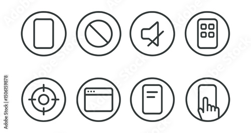 Line style icons of digital minimalism: phone with calm screen icon, no notifications badge, silent mode circle, clean home screen icon, focus app symbol, one-tab browser icon, simple UI icon, screen