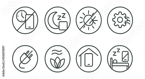 Line style icons of digital minimalism: end of day phone shut icon, sleep without screen circle, blue light off symbol, wind-down routine badge, plug out icon, slow evening flow, phone outside