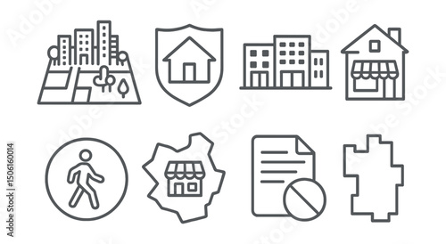Line style icons of architecture and cities: city zoning icon, residential zone badge, commercial block icon, mixed-use structure, pedestrian zone symbol, retail footprint map, zoning rules icon,