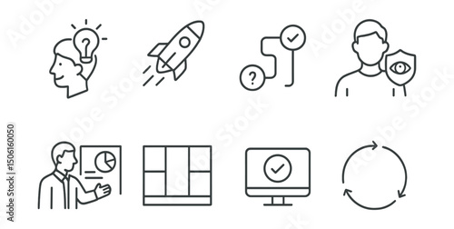 Line style icons of future skills: entrepreneurial spirit icon, startup launch icon, problem+solution path, customer insight badge, pitching icon, lean canvas chart, MVP test symbol,