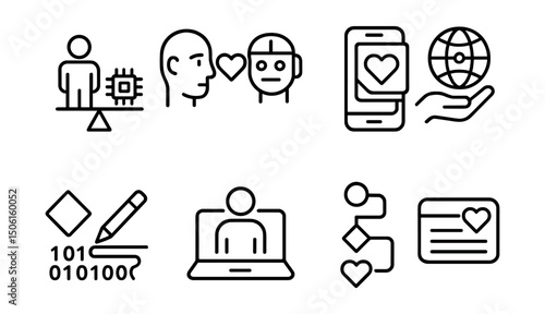 Line style icons of future skills: human-tech balance icon, empathy and AI symbol, emotional layer on screen, meaningful tech use badge, value-first design icon, human-first code, intentional