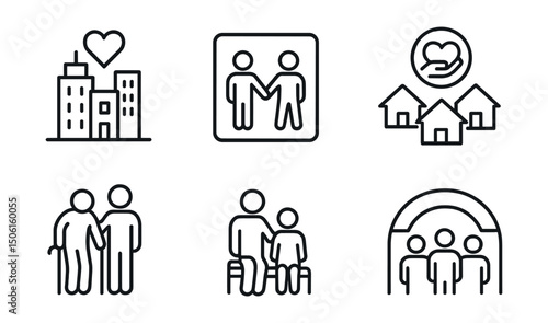 Line style icons of caring cities: city with heart symbol, people holding hands in square, care circle in neighborhood, elderly with companion icon, child and mentor symbol, intergenerational bench,