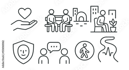 Line style icons of caring cities: emotional first aid icon, listening bench, calm pod in plaza, break-from-overwhelm space, city empathy badge, talk quietly zone, slow zone marker, peaceful pulse