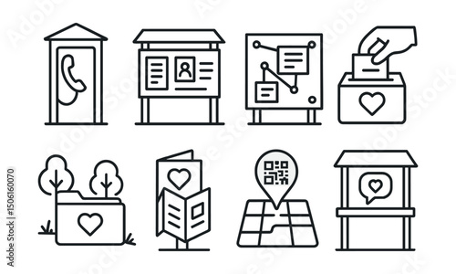 Line style icons of caring cities: local help line booth, info sharing board, notice board with threads, “I can help” card box, resource folder in park, guide leaflets stand, QR help map, advice