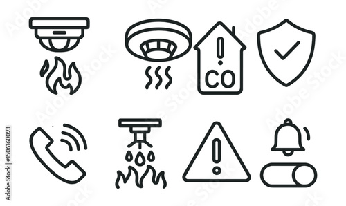 Line style icons of smart home technology: fire alarm sensor, smoke detector icon, carbon monoxide alert, safety mode activation, automatic emergency call, fire suppression system icon, hazard