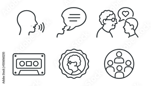Line style icons of family memory archive: sound wave with voice, oral history icon, story told aloud symbol, recorded interview icon, shared memory speech bubble, audio cassette tape, elder voice