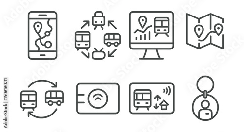 Line style icons of future urban transport: multimodal route app, transport integration icon, real-time mobility dashboard, journey planner symbol, transfer sync icon, all-in-one pass, city transport