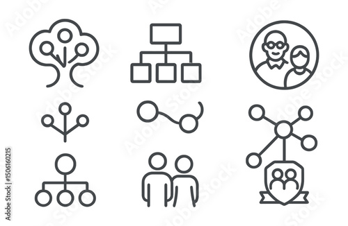 Line style icons of family memory archive: family tree symbol, ancestry lines chart, generations circle icon, grandparent and child badge, lineage branches icon, memory connection thread, relative