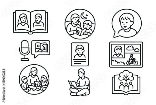 Line style icons of family memory archive: family storybook icon, bedtime storytelling badge, “when I was little” speech bubble, voice recording with tale, childhood story page, comic-style memory,