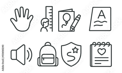 Line style icons of family memory archive: child handprint icon, growth chart line, birthday card with crayon, early schoolwork icon, kid’s voice memory, memory of first day icon, creative trace