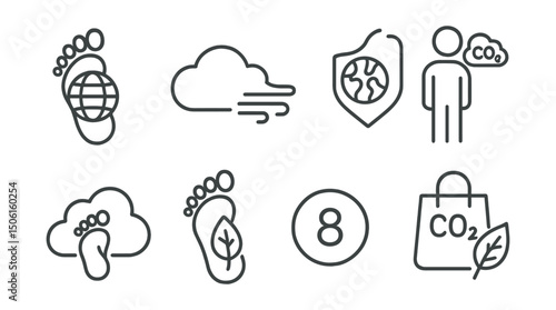 Line style icons of climate vocabulary: carbon footprint icon, emission trail symbol, eco impact badge, lifestyle emission line, digital footprint cloud, footprint with leaf, climate impact score,
