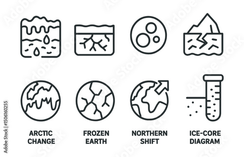 Line style icons of climate vocabulary: permafrost melting icon, thawing ground layer, methane bubble badge, unstable land symbol, arctic change icon, frozen earth with cracks, northern shift icon,