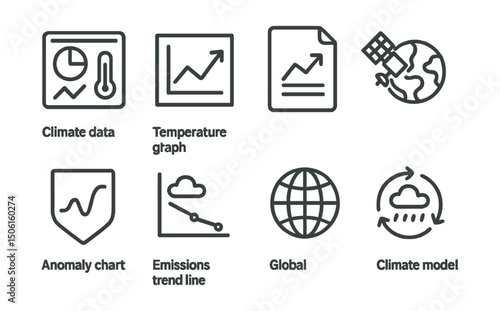 Line style icons of climate vocabulary: climate data dashboard, temperature graph, climate report icon, satellite climate view, anomaly chart badge, emissions trend line, global climate indicator,