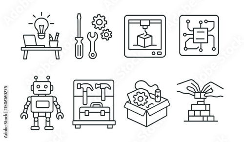 Line style icons of creative learning in school: maker space icon, build station tools, 3D printer badge, circuit board sketch, robotics activity icon, tool shelf symbol, hands-on kit box, creative