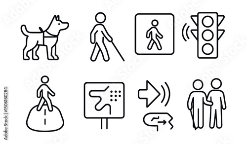 Line style icons of inclusive environments: guide dog with harness, cane navigation icon, accessible crosswalk signal, talking traffic light, safe pedestrian island, orientation map for vision