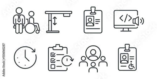Line style icons of inclusive environments: inclusive workplace icon, height-adjustable desk, remote access badge, screen reader compatible software, flexible break schedule, task pacing symbol, team