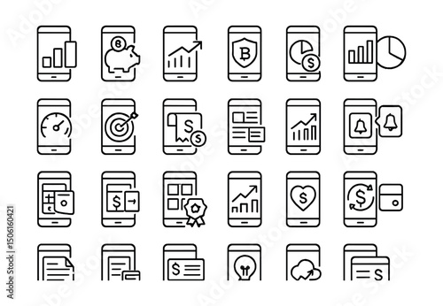 Line style icons of financial apps: money tracker, savings app, stock trading, crypto wallet, budget planner, bank app, credit monitor, goal setter, subscription manager, finance news, spending
