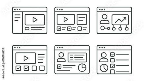 Line style icons of online education: dashboard layout icon, module overview screen, student metrics panel, teacher control board, activity overview icon, course management hub, admin view screen,