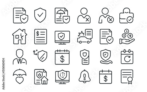 Line style icons of business insurance: insurance policy, shield icon, coverage document, liability icon, business risk, damage claim, premium bill, insured asset, accident report, contract clause,