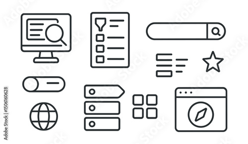 Line style icons of EdTech platforms: course search icon, filter by topic panel, keyword input field, sort by popularity, language filter toggle, course tags icon, quick browse menu, course discovery