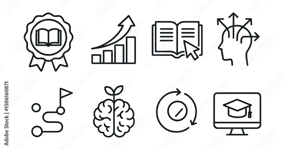 Obraz premium Line style icons of future skills: lifelong learning badge, upskilling arrow, e-learning symbol, open mindset icon, self-driven learning path, growth mindset brain, continuous improvement icon,