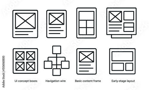 Line style icons of remote work: wireframe layout sketch, low-fidelity screen mockup, mobile-first grid, layout preview board, UI concept boxes, navigation wire diagram, basic content frame,