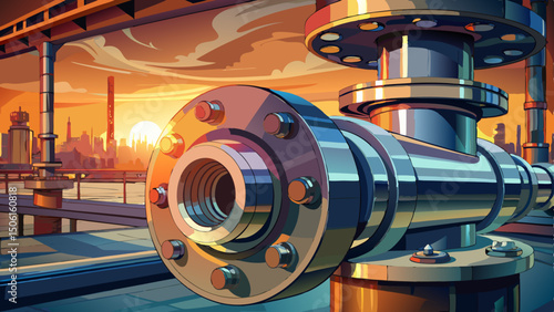  A close-up view reveals the polished steel pipe flange connection at a bustling industrial refinery plant, with the warm glow of a sunset sky casting reflections across the metallic surface.