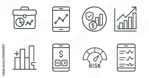 Line style icons of finance and investment apps: investment portfolio icon, stock chart screen, diversified assets badge, market performance bar, gains/losses tracker, mobile trading panel, risk