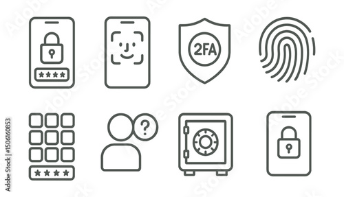 Line style icons of finance and investment apps: secure login icon, face ID unlock screen, 2FA badge, fingerprint access symbol, PIN entry pad, security questions icon, vault icon for funds, secure