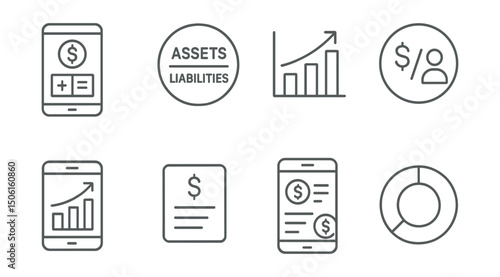 Line style icons of finance and investment apps: net worth calculator icon, assets vs liabilities badge, total value graph, debt-to-income ratio, portfolio growth summary, lifetime finance tracker,