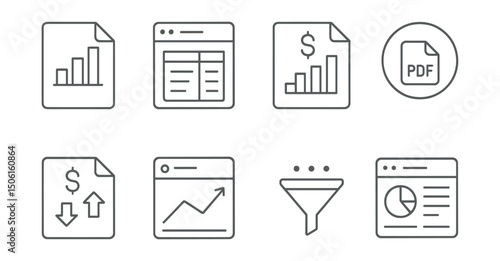 Line style icons of finance and investment apps: financial reports icon, detailed statement panel, monthly summary sheet, export to PDF badge, income and expense report, charted history screen,