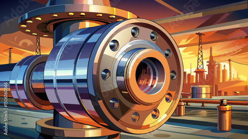  A close-up view reveals the polished steel pipe flange connection at a bustling industrial refinery plant, with the warm glow of a sunset sky casting reflections across the metallic surface.
