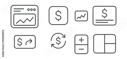 Line style icons of finance and investment apps: financial widgets icon, customizable home screen badge, mini chart view, balance snapshot panel, shortcut card icon, quick transfer tool, add/remove