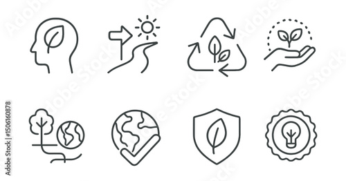 Line style icons of future skills: sustainability thinking icon, systems approach path, resource circularity symbol, regenerative mindset icon, eco-system awareness, planet-first decision icon,