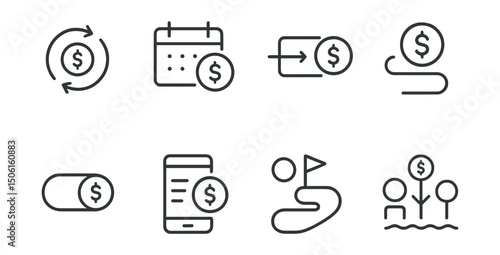 Line style icons of finance and investment apps: recurring investments icon, auto-invest calendar badge, regular deposit flow, micro-investment toggle, plan selection screen, long-term strategy path,