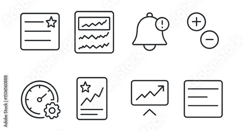 Line style icons of finance and investment apps: watchlist icon, followed stocks panel, custom alert badge, add/remove ticker icon, price threshold setting, favorite investment card, change highlight