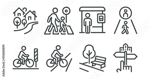 Line style icons of caring cities: neighborhood walking icon, safe street crossing, friendly bus stop, pedestrian island symbol, cycle lane with barrier, rest bench at corner, help button icon, city