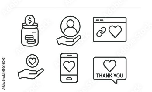 Line style icons of social media and communication: creator tip jar icon, support this profile badge, donation link card, fan contributions symbol, one-time support screen, digital gift icon,