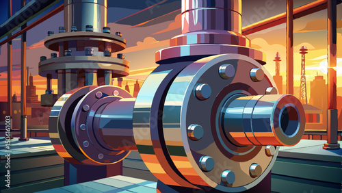 A close-up view reveals the polished steel pipe flange connection at a bustling industrial refinery plant, with the warm glow of a sunset sky casting reflections across the metallic surface.