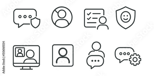 Line style icons of digital safety for kids: messaging control icon, no strangers badge, approved contacts list, emoji chat shield, safe video call icon, blurred user preview, supervised chat icon,