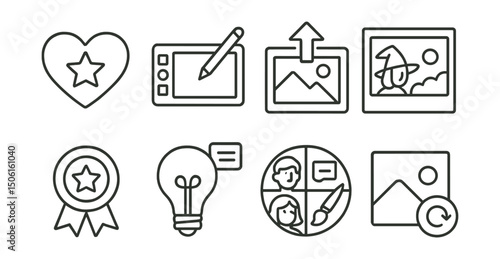 Line style icons of entertainment and media: fan art icon, drawing tablet badge, digital artwork upload, themed sketch panel, fan contest tag, inspired by series label, style challenge icon, repost