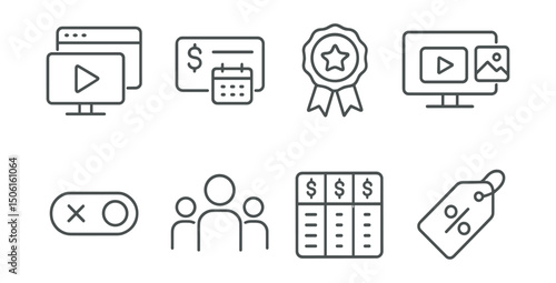 Line style icons of entertainment and media: entertainment subscription icon, monthly plan card, upgrade to premium badge, access all media screen, cancel anytime toggle, family plan group, price