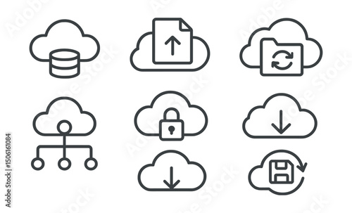 Line style icons of cloud computing: cloud storage icon, document upload arrow, sync with folder symbol, backup file indicator, shared drive badge, encrypted storage cloud, download from cloud icon,