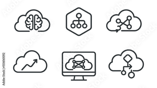 Line style icons of cloud computing: AI brain in cloud icon, machine learning node badge, cloud neural network symbol, predictive task icon, cloud model training screen, automated decision icon, AI