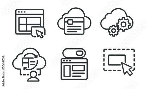 Line style icons of cloud computing: user interface builder icon, layout in browser screen, cloud UI kit badge, front-end in sync symbol, layout settings toggle, no-code design interface,