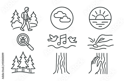 Line style icons of slow living practices: walk in nature icon, cloud watching badge, sunrise view symbol, observing insects, birdsong wave icon, stone skipping hand, forest stillness, touching bark