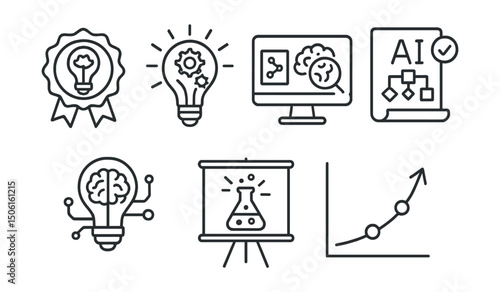 Line style icons of artificial intelligence: breakthrough idea badge, new method lightbulb, research + discovery screen, algorithm patent icon, innovation from AI symbol, experiment result layout,