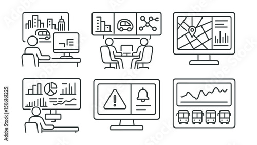 Line style icons of future urban transport: remote transport center icon, command control room, transit coordination board, mobility intelligence hub, city-wide data panel, alert center icon,